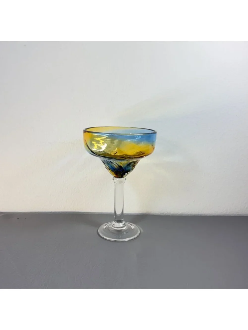 Vintage Pier 1 Hand Blown Blue Amber Swirl Ombre Margarita Glass Barware